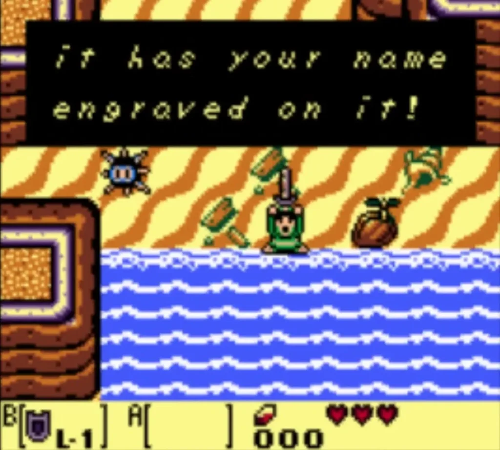 Link holds the Sword overhead on the beach as the text says it has his name engraved on it Link holds the Sword overhead on the beach as the text says it has his name engraved on it
