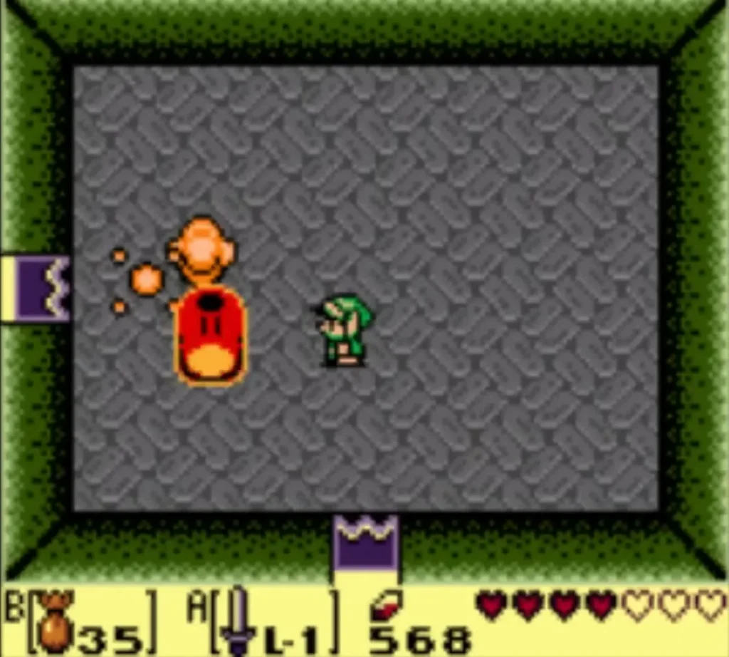 Link throws Magic Powder at the red Giant Buzz Blob sparking in its room Link throws Magic Powder at the red Giant Buzz Blob sparking in its room