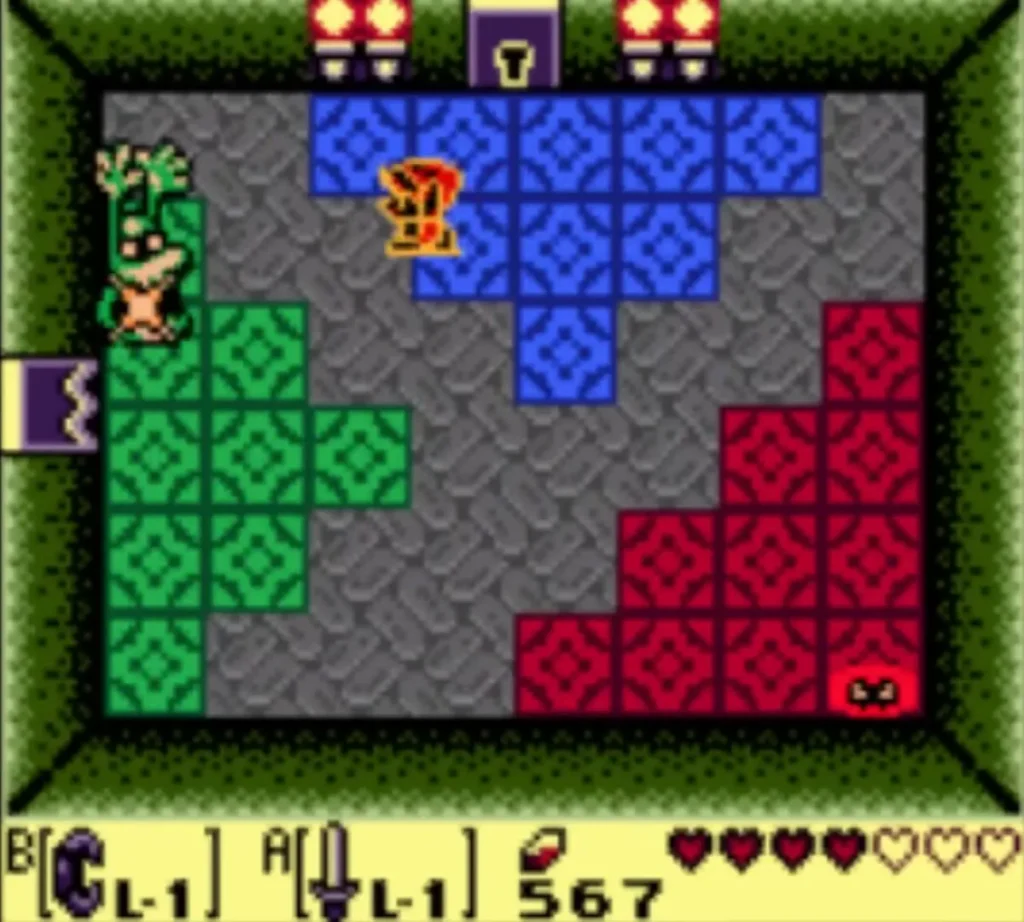 Blue, green and red tiles fill the room while an enemy sits near the left edge Blue, green and red tiles fill the room while an enemy sits near the left edge