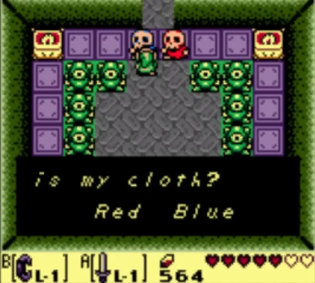 The blue and red ghosts ask what color their cloth is, with Red and Blue choices shown The blue and red ghosts ask what color their cloth is, with Red and Blue choices shown