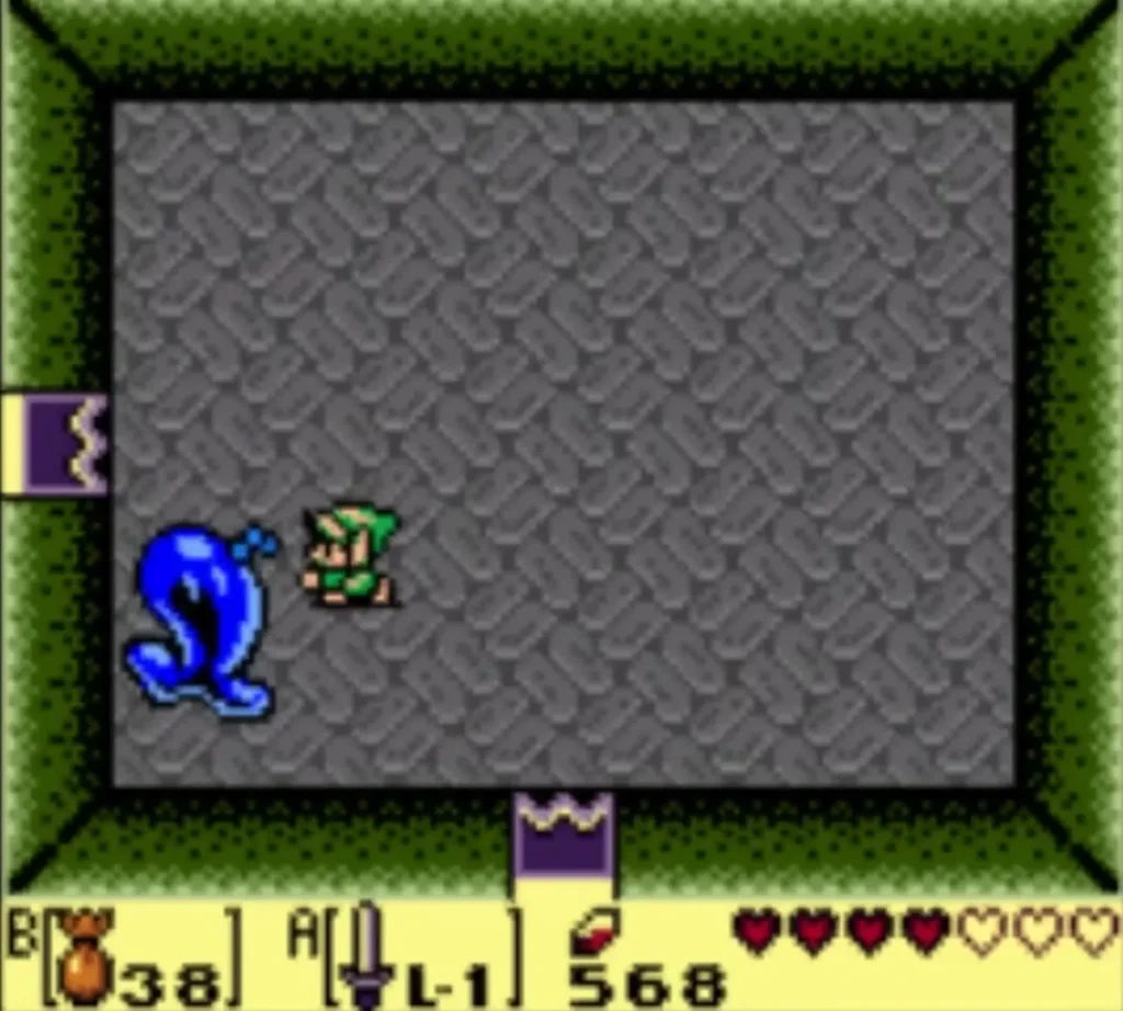 Link facing the blue Giant Buzz Blob in its room Link facing the blue Giant Buzz Blob in its room