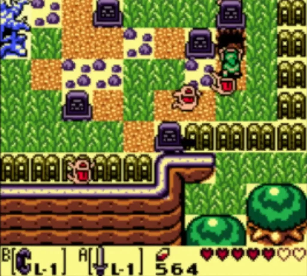 Link walks through the graveyard among the gravestones and Ghinis, toward the dungeon Link walks through the graveyard among the gravestones and Ghinis, toward the dungeon