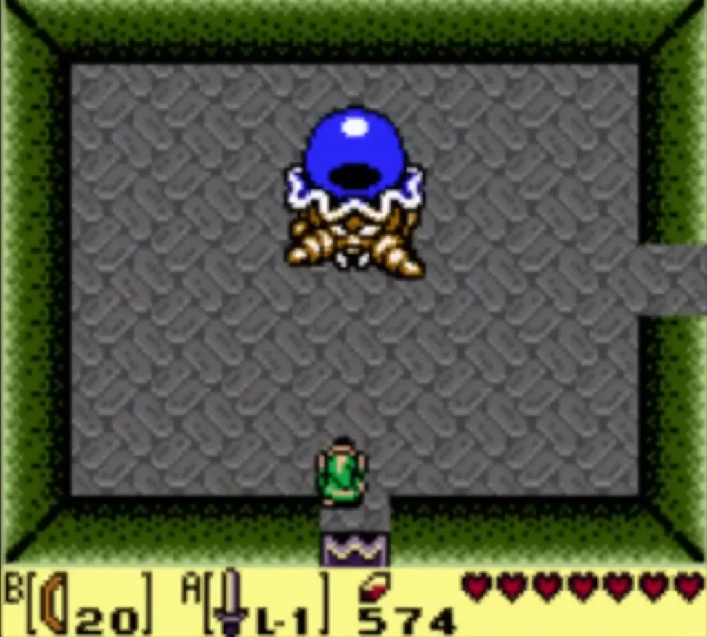 The Hardhit Beetle starts out blue at the top of the room while Link stands below it The Hardhit Beetle starts out blue at the top of the room while Link stands below it