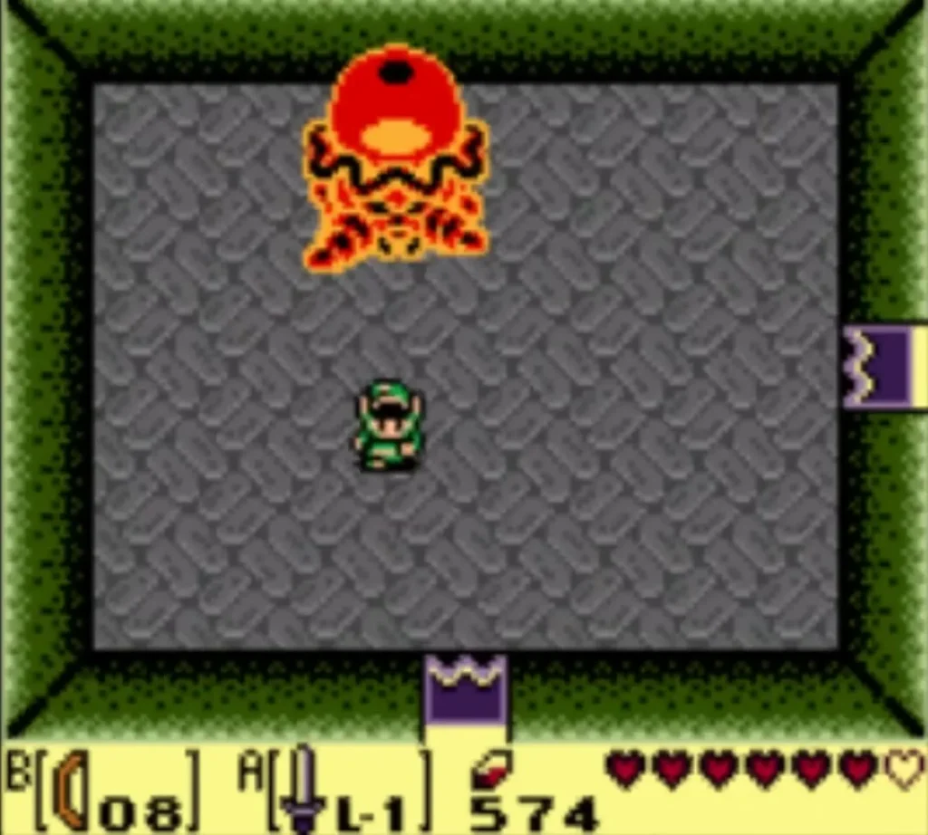 The Hardhit Beetle has turned red at the top of the room, with Link below it The Hardhit Beetle has turned red at the top of the room, with Link below it