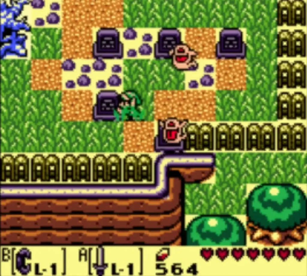 Link beside a gravestone in the graveyard with a Ghini nearby Link beside a gravestone in the graveyard with a Ghini nearby