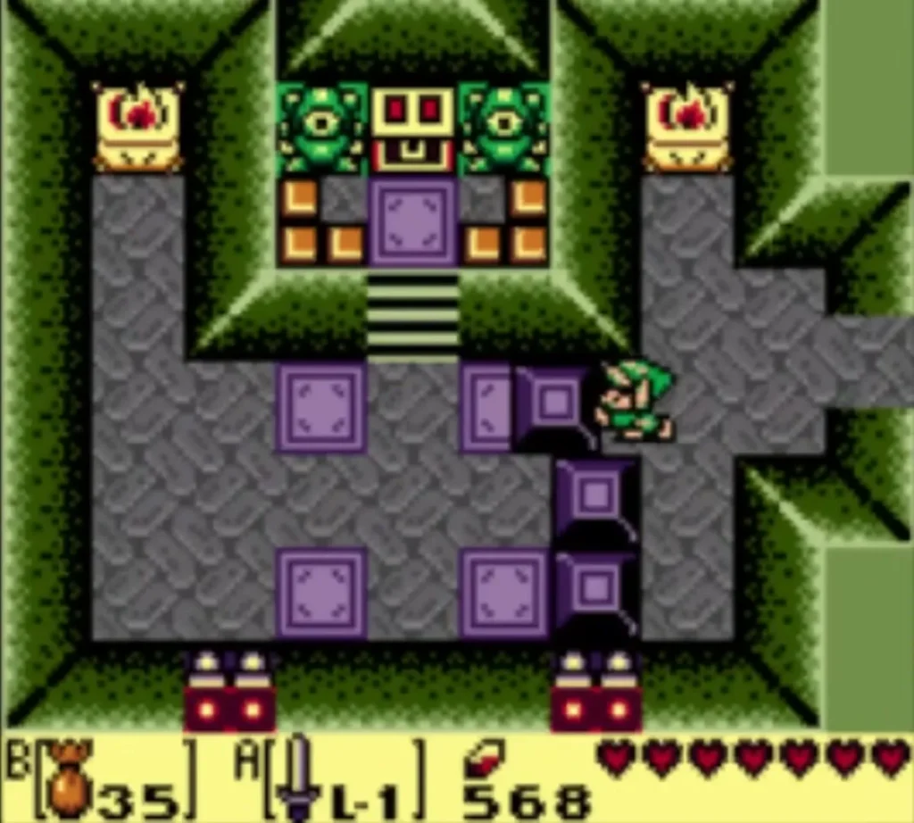 Link stands beside purple blocks in the Color Dungeon room that hides the Nightmare's Key chest Link stands beside purple blocks in the Color Dungeon room that hides the Nightmare's Key chest