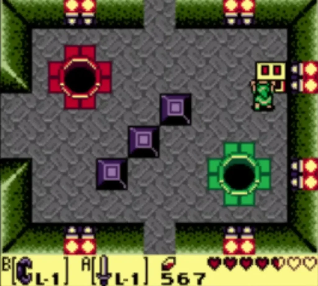 Link stands at the right edge of the orb room beside a yellow stone face block Link stands at the right edge of the orb room beside a yellow stone face block