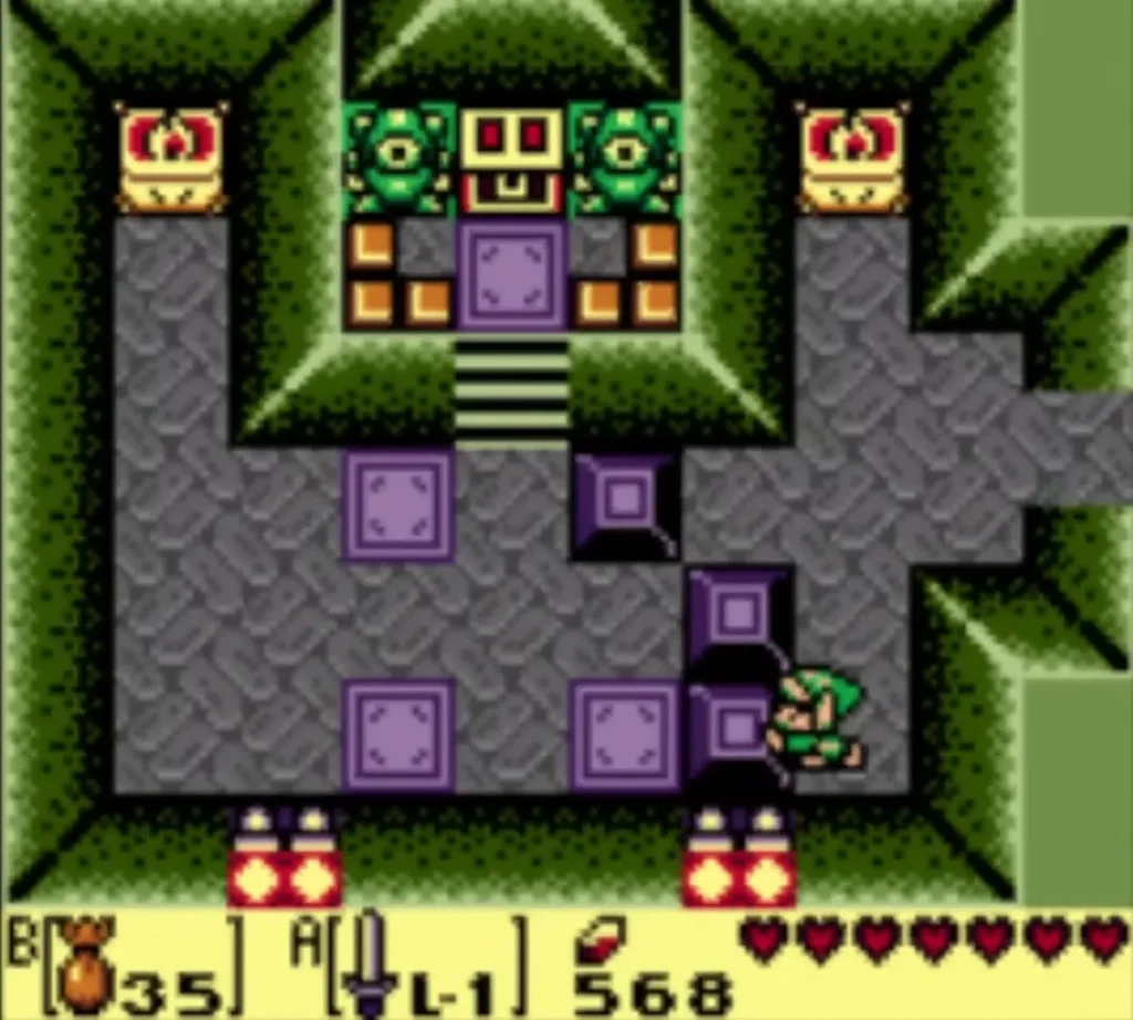 Link pushes the purple blocks in the Color Dungeon room that hides the Nightmare Key chest Link pushes the purple blocks in the Color Dungeon room that hides the Nightmare Key chest