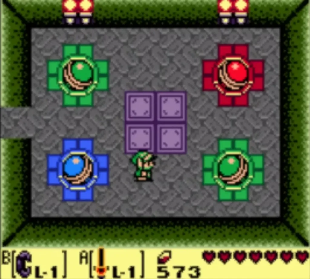 Link in the orb room with an orb sitting in each of the four colored holes Link in the orb room with an orb sitting in each of the four colored holes
