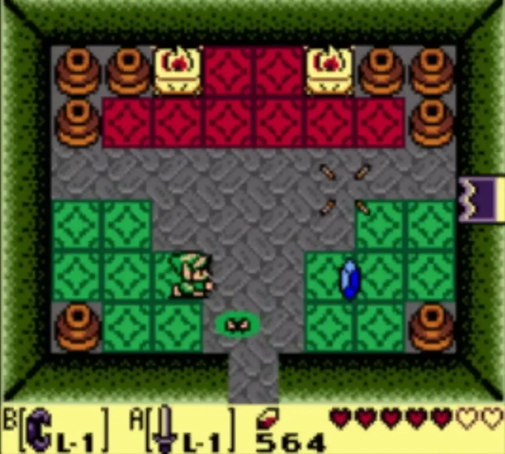 Link crosses the green and red tiles of the first tiled room in the Color Dungeon Link crosses the green and red tiles of the first tiled room in the Color Dungeon