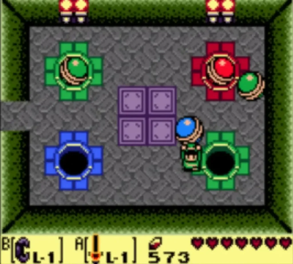 Link walks past the colored statues and purple blocks of the puzzle room Link walks past the colored statues and purple blocks of the puzzle room