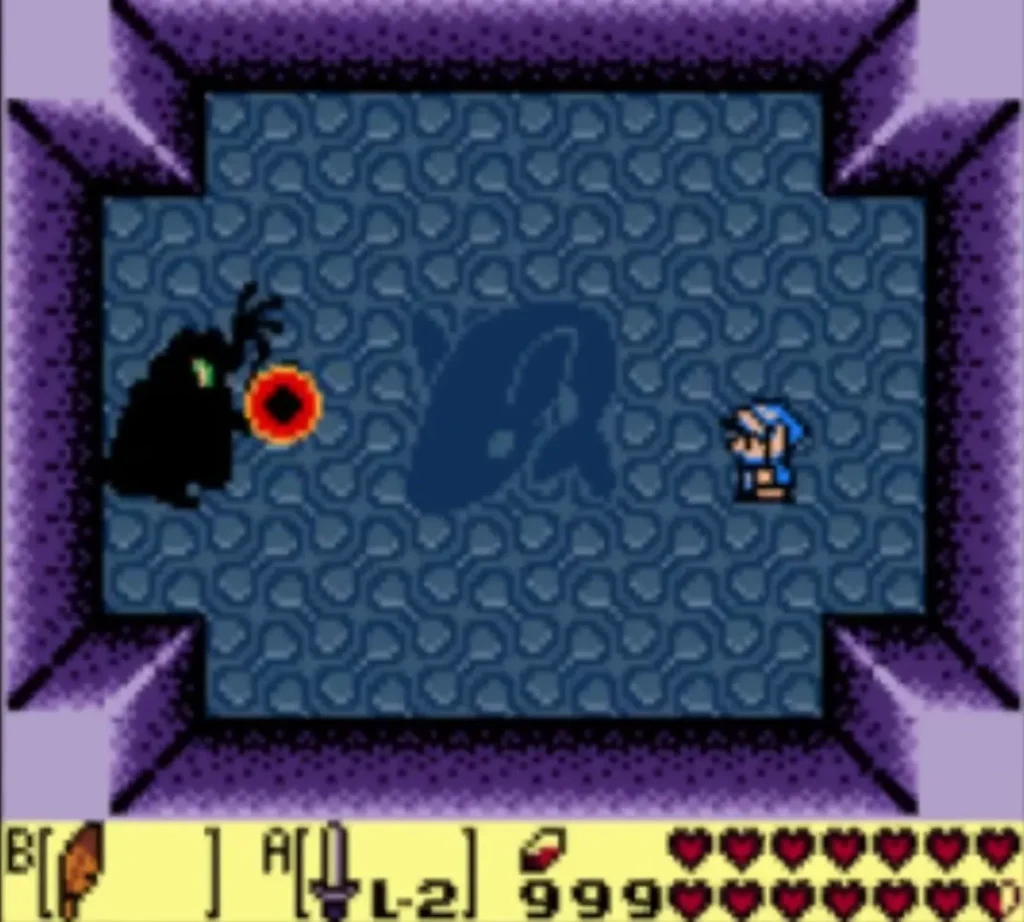Dark Agahnim shadow on the left firing a red-ringed energy ball at Link in the dream room Dark Agahnim shadow on the left firing a red-ringed energy ball at Link in the dream room