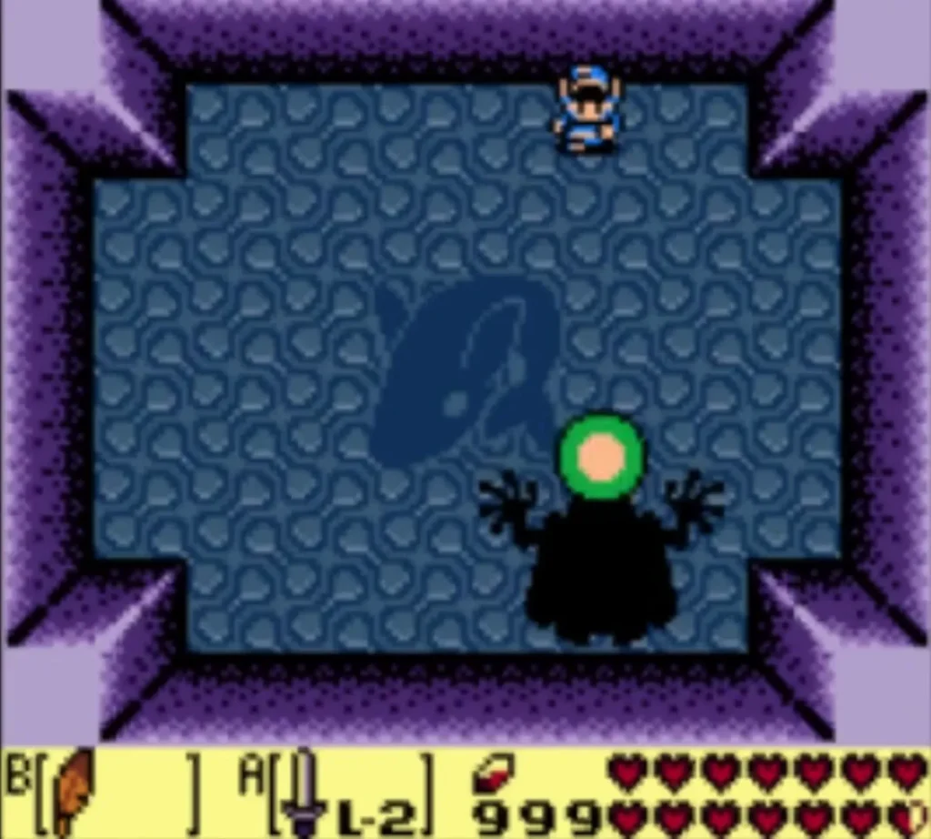 Dark Agahnim shadow with a green-ringed ball in the dream room while Link watches from above Dark Agahnim shadow with a green-ringed ball in the dream room while Link watches from above