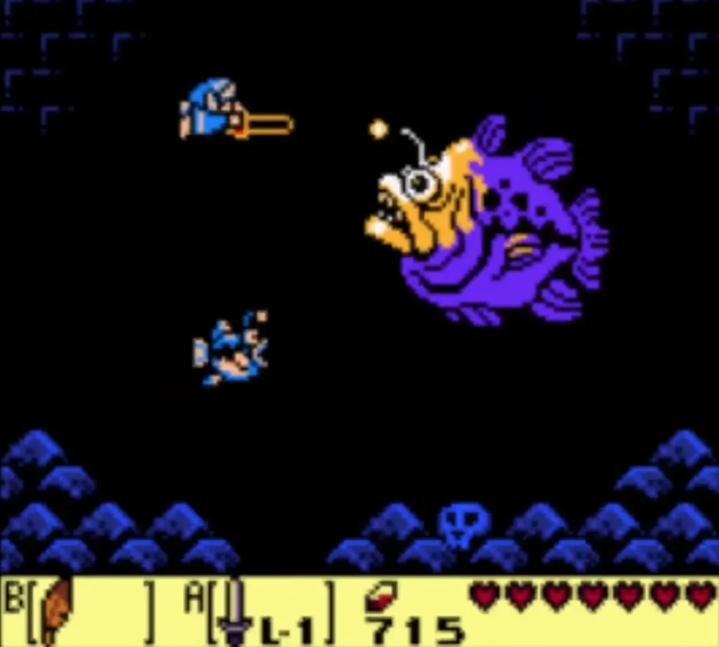 Link and a small Angler Fry drifting near the purple Angler Fish in its dark arena Link and a small Angler Fry drifting near the purple Angler Fish in its dark arena