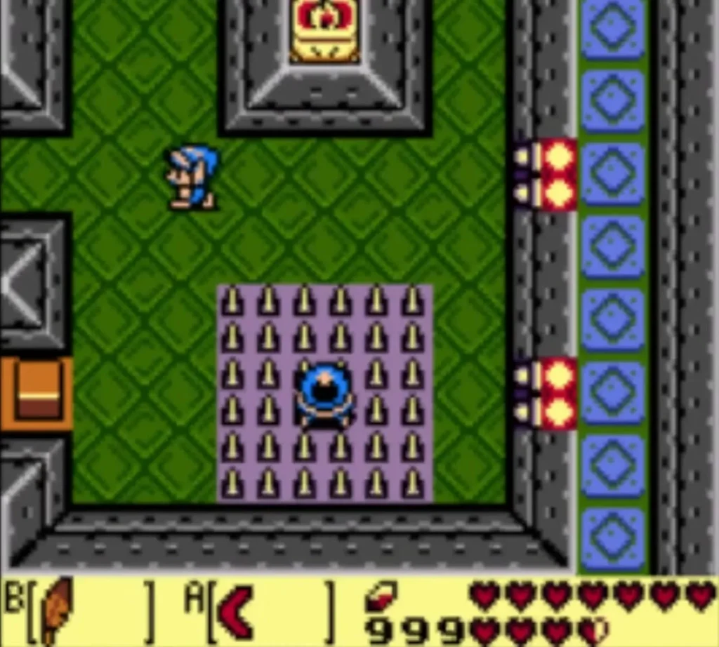 Anti-Kirby on the raised spike pad as Link waits in the first-floor room of Eagle's Tower Anti-Kirby on the raised spike pad as Link waits in the first-floor room of Eagle's Tower