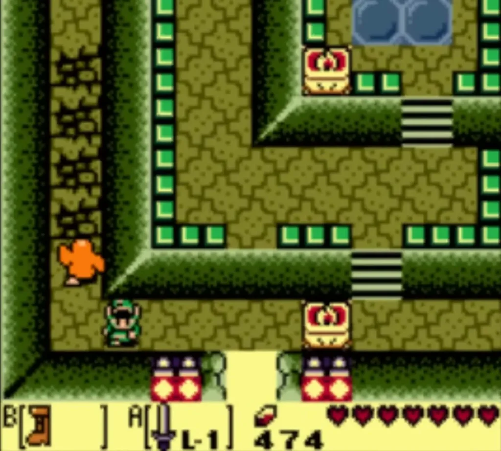 Orange Arm-Mimic beside Link in a green passage of the Dream Shrine Orange Arm-Mimic beside Link in a green passage of the Dream Shrine