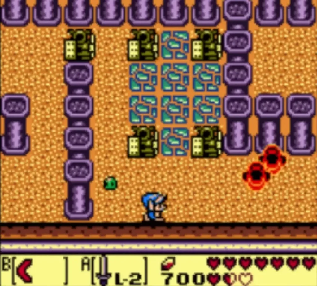 Rows of dormant Armos statues in the Ancient Ruins field, with Link below Rows of dormant Armos statues in the Ancient Ruins field, with Link below