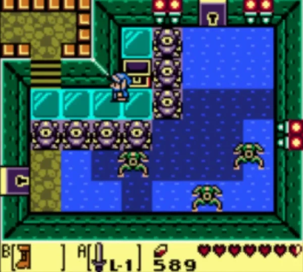 Eye statues stand around a chest in Angler's Tunnel's crystal room, with Link and tektites nearby Eye statues stand around a chest in Angler's Tunnel's crystal room, with Link and tektites nearby