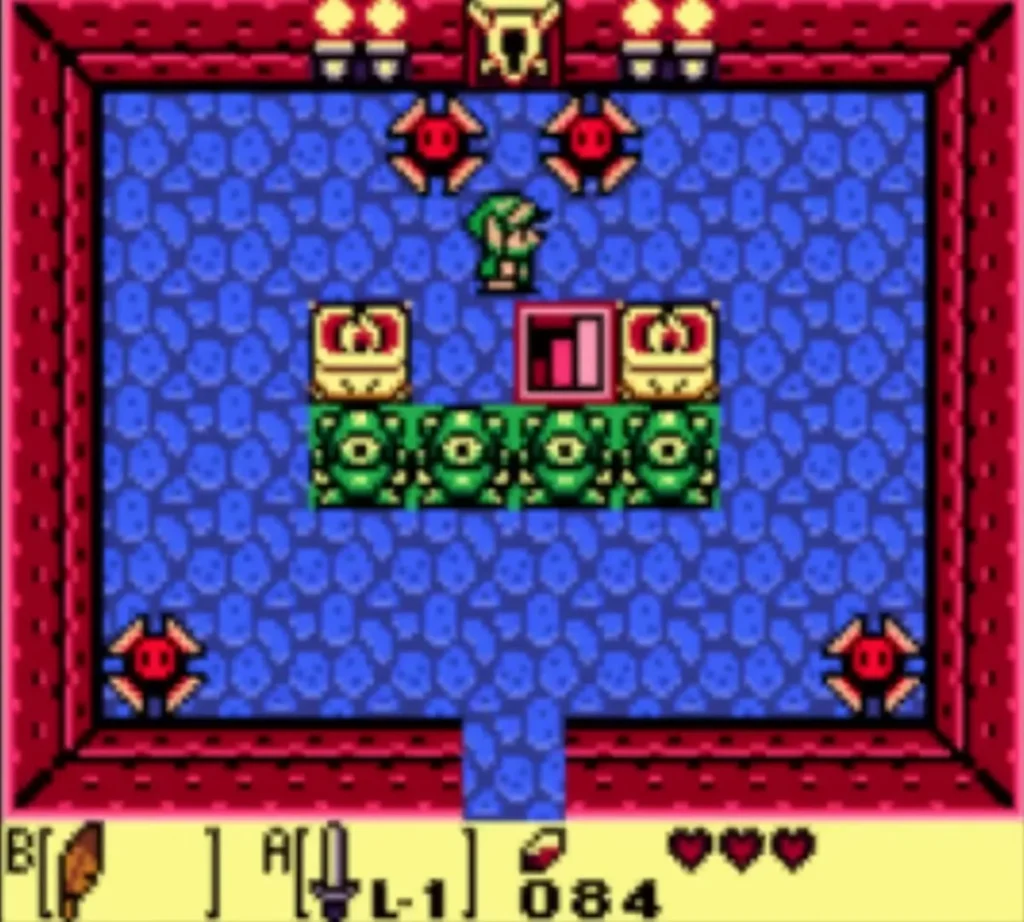 Blade Traps line a blue-tiled Tail Cave room with a locked door in its north wall Blade Traps line a blue-tiled Tail Cave room with a locked door in its north wall