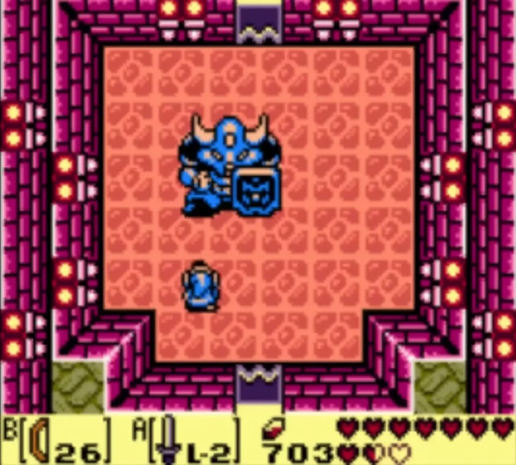 Blue Armos Knight with its shield raised in the Southern Face Shrine room Blue Armos Knight with its shield raised in the Southern Face Shrine room