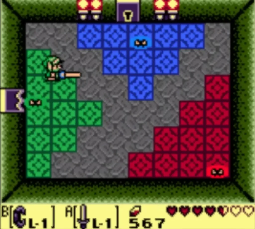A Blue Camo Goblin showing only its eyes on the blue floor tiles while Link strikes from the left A Blue Camo Goblin showing only its eyes on the blue floor tiles while Link strikes from the left