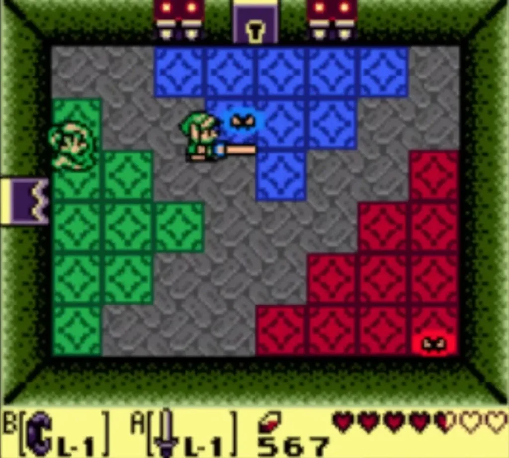 The Blue Camo Goblin creeping up on Link across the blue tiles as he swings his Sword The Blue Camo Goblin creeping up on Link across the blue tiles as he swings his Sword