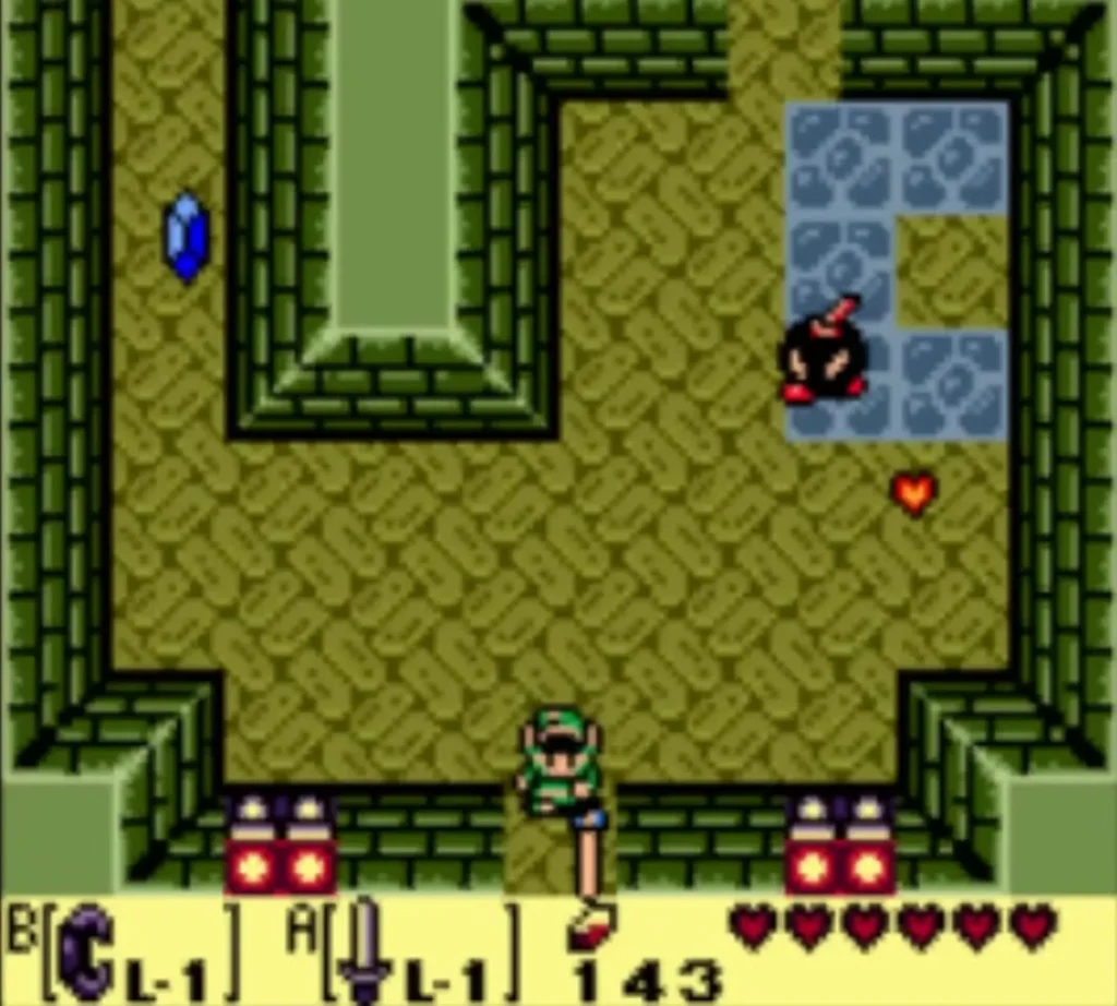 A Bombite with its fuse burning near a heart pickup in the Key Cavern A Bombite with its fuse burning near a heart pickup in the Key Cavern