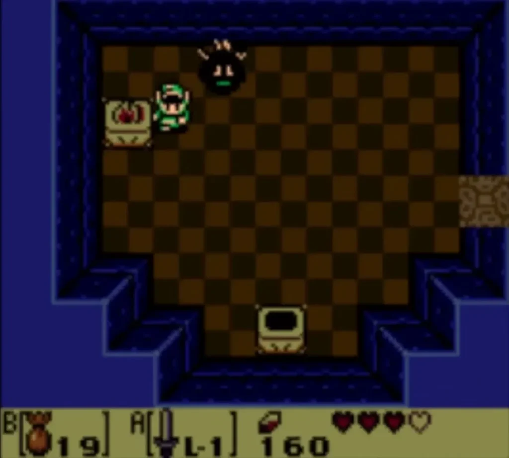 A Boo Buddy shrunk to a dark shape beside the lit torch where Link stands A Boo Buddy shrunk to a dark shape beside the lit torch where Link stands