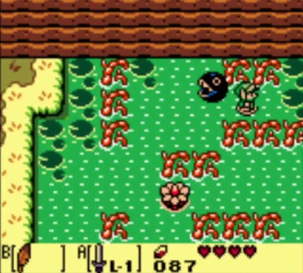 BowWow near a pink Goponga Flower in the swamp as Link steps nearby BowWow near a pink Goponga Flower in the swamp as Link steps nearby