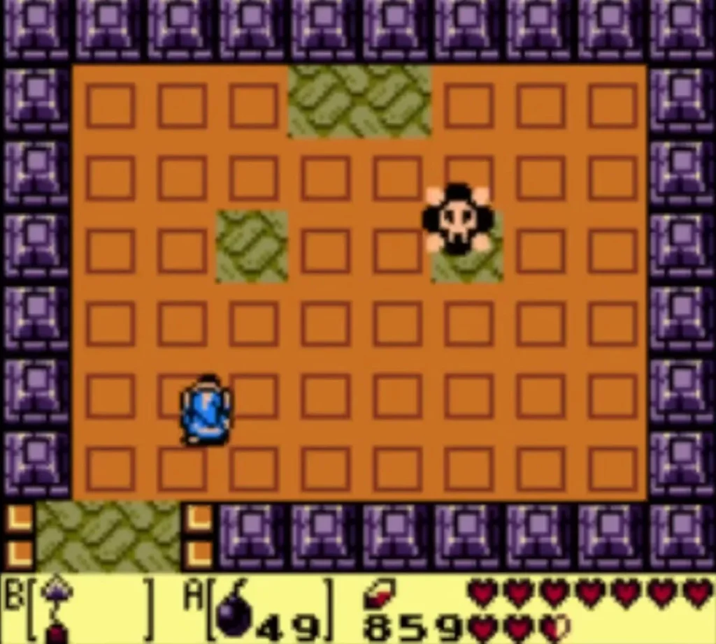 A black Bubble skull drifts across an orange-tiled Face Shrine room with Link at its center A black Bubble skull drifts across an orange-tiled Face Shrine room with Link at its center