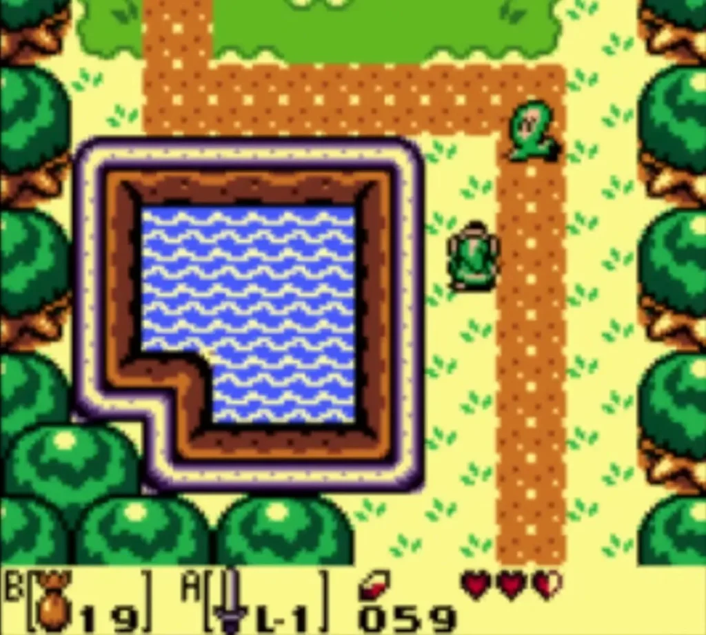 A Buzz Blob on the dirt path above Link, with the pond to the left A Buzz Blob on the dirt path above Link, with the pond to the left