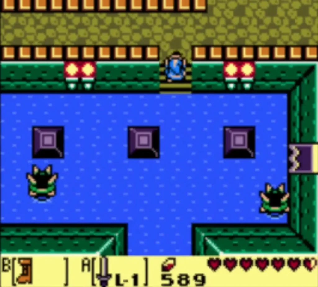 Cheep-Cheeps drifting across the flooded room as Link steps in Cheep-Cheeps drifting across the flooded room as Link steps in