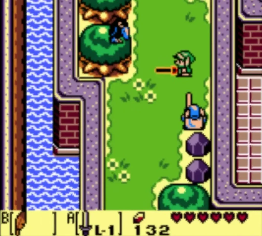 A dark blue Crow perched beside a bush near Kanalet Castle, with Link on the path A dark blue Crow perched beside a bush near Kanalet Castle, with Link on the path