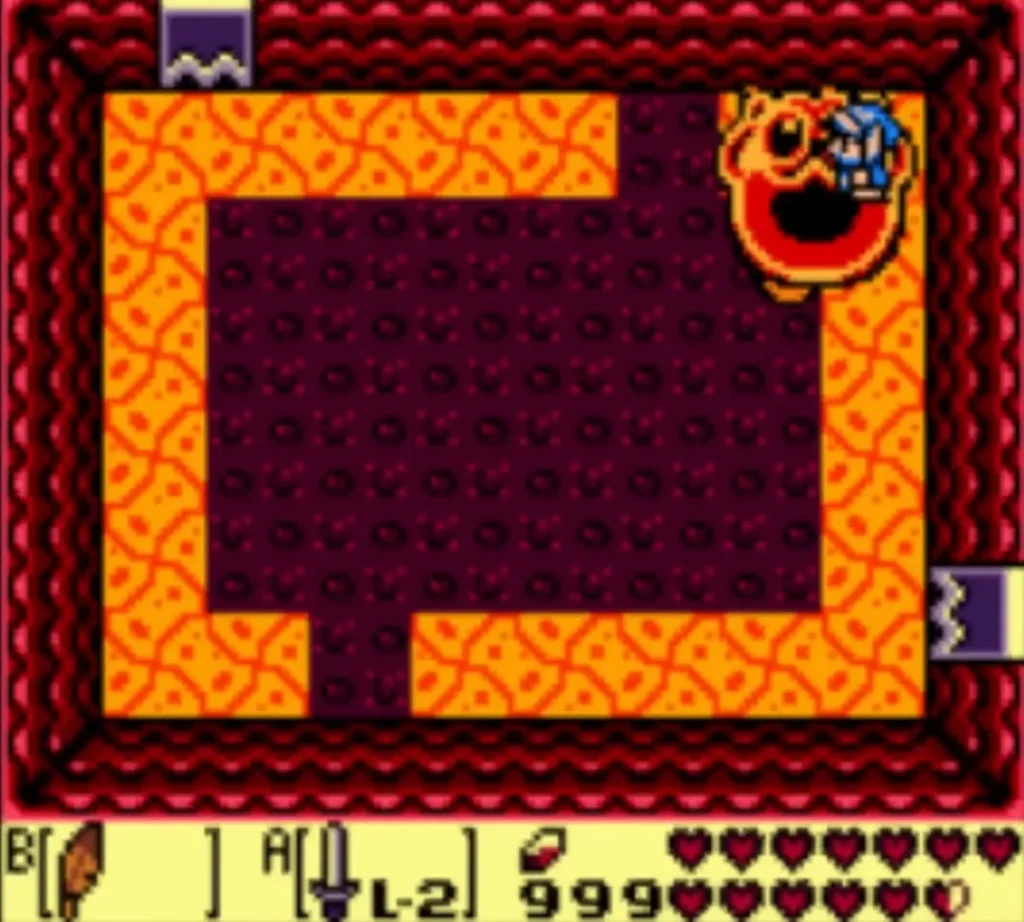 Red Cue Ball in the top-right corner of the lava-ringed pit room with Link Red Cue Ball in the top-right corner of the lava-ringed pit room with Link