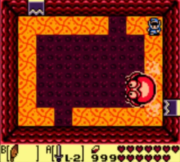 Red Cue Ball at the right edge of a lava-ringed pit room, with Link in the top-right corner Red Cue Ball at the right edge of a lava-ringed pit room, with Link in the top-right corner