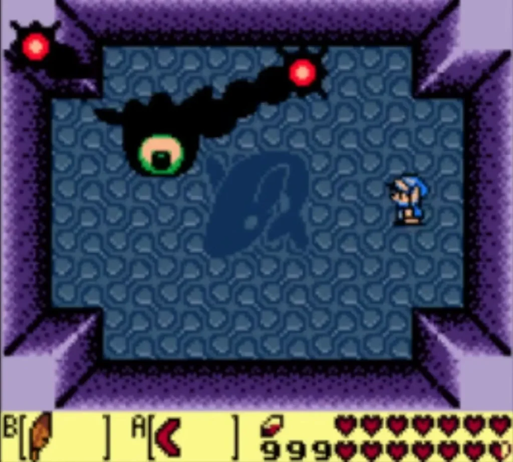 Dark DethI shadow with an open green-ringed eye and spiked arms in the dream room Dark DethI shadow with an open green-ringed eye and spiked arms in the dream room