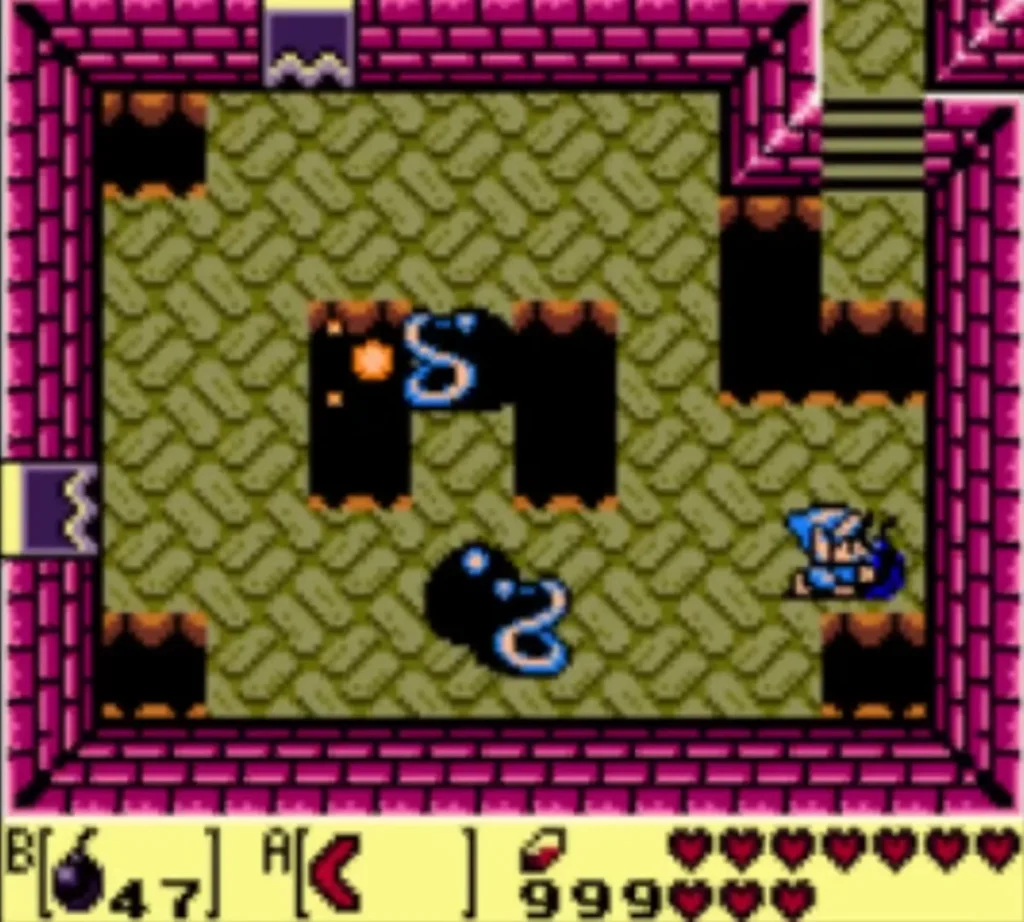 A Dodongo Snake beside a bomb burst in a dungeon room A Dodongo Snake beside a bomb burst in a dungeon room
