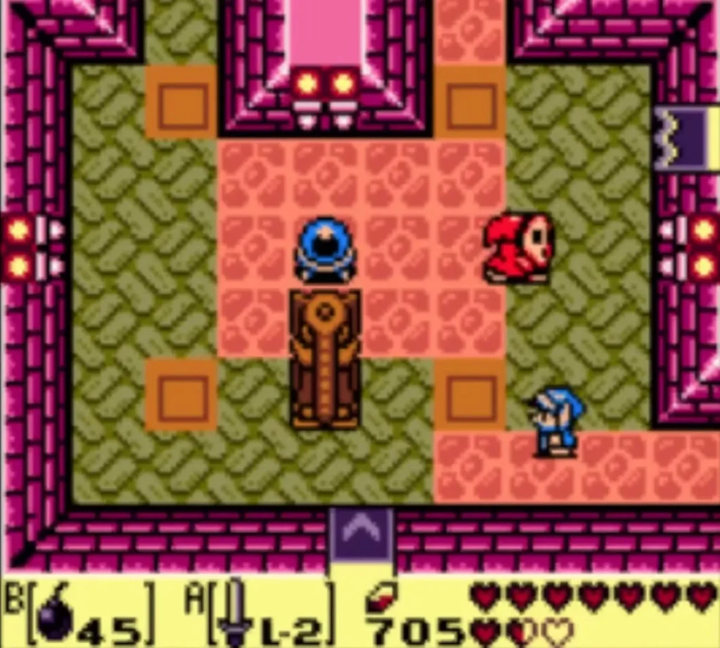A blue-eyed Eye Guard on its brown pillar beside a red Shy Guy in a pink Face Shrine room A blue-eyed Eye Guard on its brown pillar beside a red Shy Guy in a pink Face Shrine room