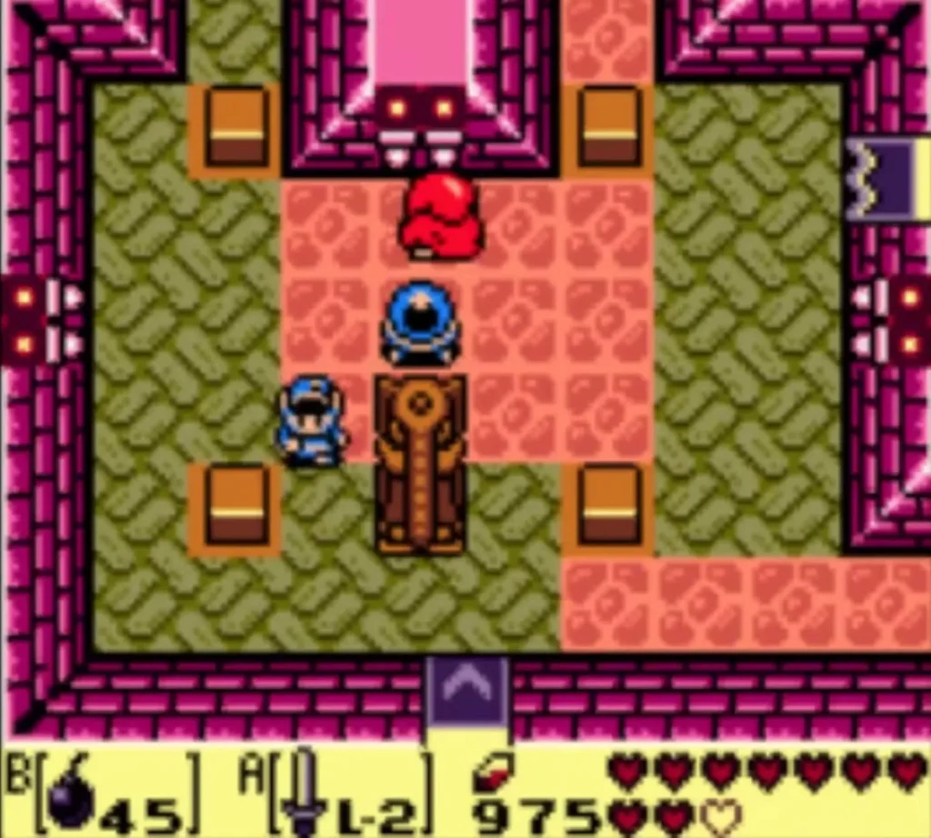 The blue Eye Guard stands on its pillar in a Face Shrine room while a red enemy circles it and Link waits below The blue Eye Guard stands on its pillar in a Face Shrine room while a red enemy circles it and Link waits below