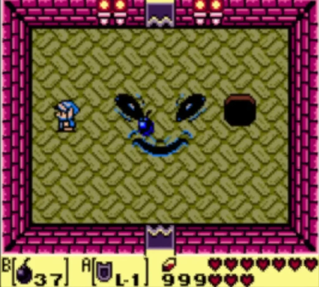 Facade face open on the floor of a brick dungeon room, Link at the left edge and a dark block above Facade face open on the floor of a brick dungeon room, Link at the left edge and a dark block above