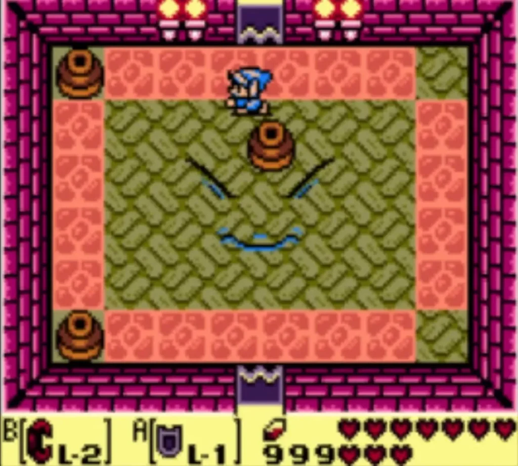 Facade's face on the floor of a Face Shrine room with pots, Link at the top left Facade's face on the floor of a Face Shrine room with pots, Link at the top left