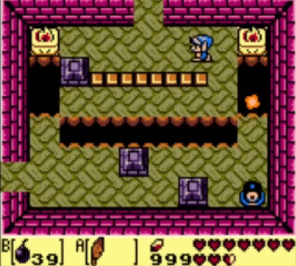 Two flaming braziers in the top corners of a Face Shrine room, with Link above and an orange fireball at right Two flaming braziers in the top corners of a Face Shrine room, with Link above and an orange fireball at right