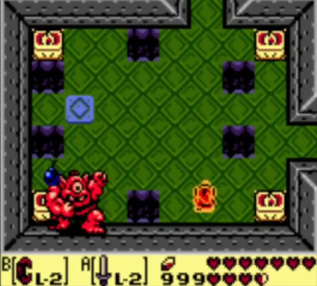 Face Lamps in the corners of the Hinox room, with a fireball at the lower right and Link at the left Face Lamps in the corners of the Hinox room, with a fireball at the lower right and Link at the left