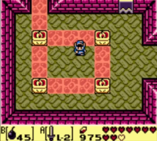 Four Face Lamps stand in the corners of a ring-shaped Face Shrine room with Link in the middle Four Face Lamps stand in the corners of a ring-shaped Face Shrine room with Link in the middle