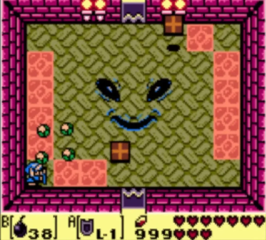 A floor tile flies through the room as small green creatures gather around Link by Facade’s face A floor tile flies through the room as small green creatures gather around Link by Facade’s face