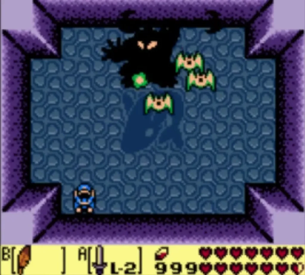 Dark Ganon shadow above three bats and a green orb while Link stands in the dream room Dark Ganon shadow above three bats and a green orb while Link stands in the dream room