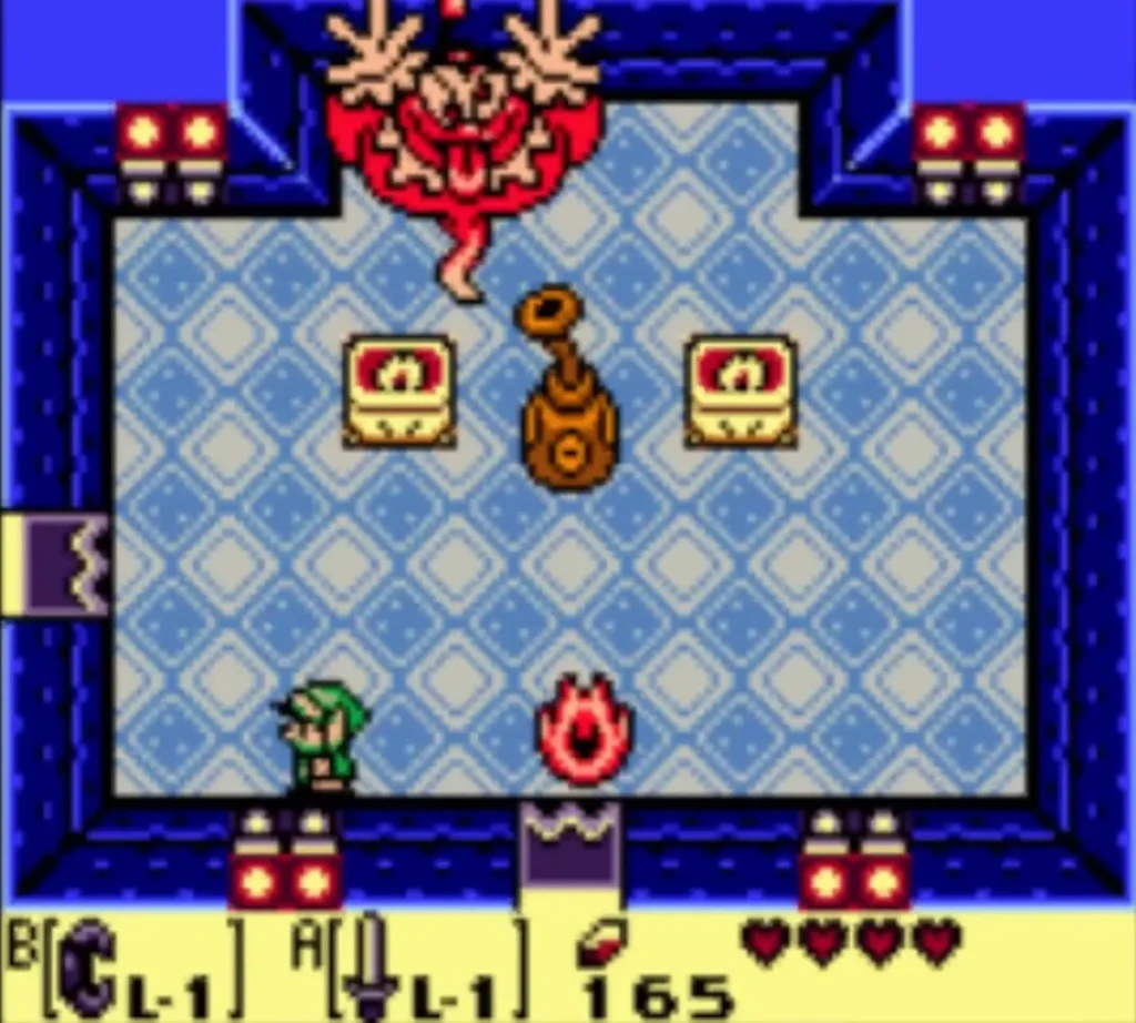 Genie's fireball on the floor of a blue-tiled room with the Genie above a bottle and Link at left Genie's fireball on the floor of a blue-tiled room with the Genie above a bottle and Link at left