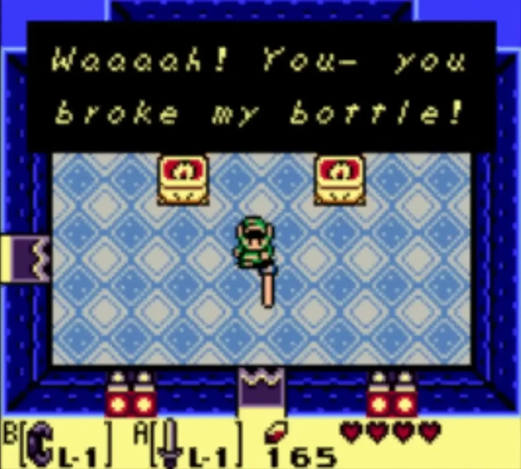 Link in the blue-tiled room as the Genie cries that he broke its bottle Link in the blue-tiled room as the Genie cries that he broke its bottle