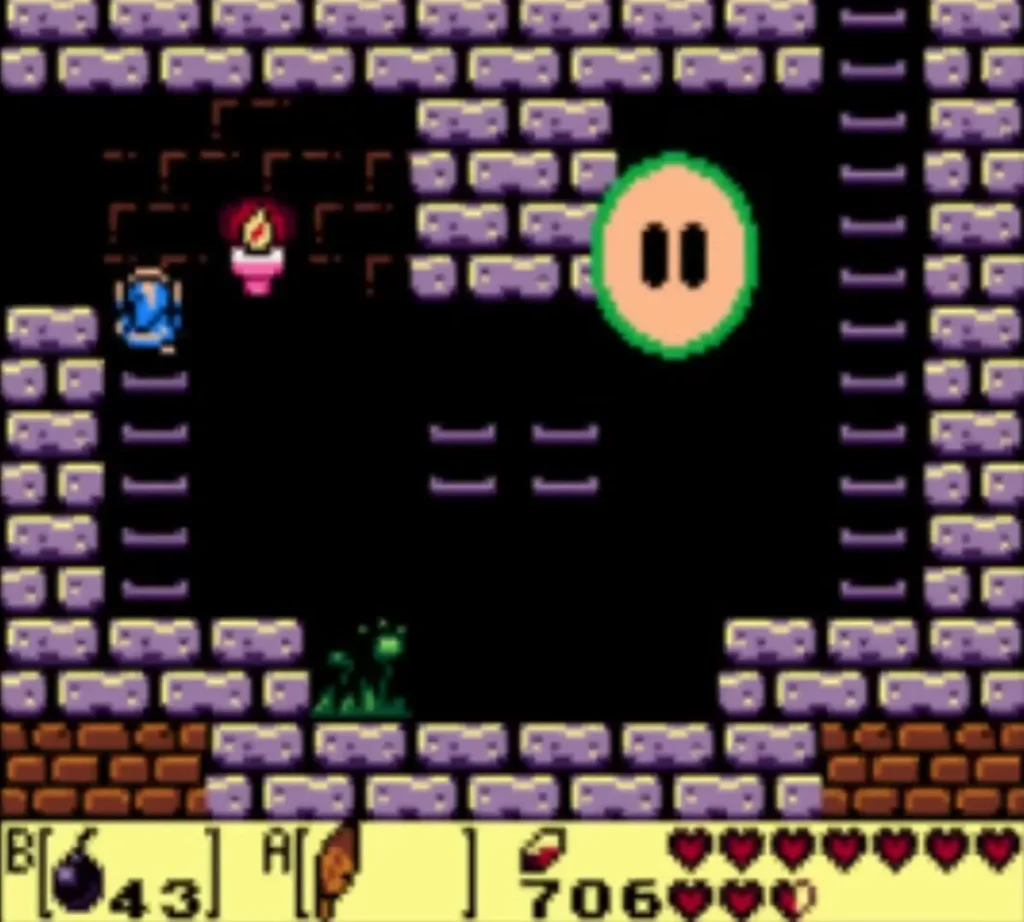 A Giant Bubble floats high in the side-scrolling passage with ladders below and Link to its left A Giant Bubble floats high in the side-scrolling passage with ladders below and Link to its left