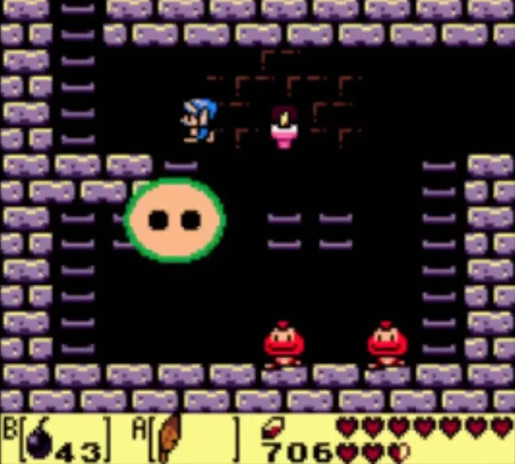 A Giant Bubble hovers over red enemies in a side-scrolling Face Shrine corridor with Link at the top A Giant Bubble hovers over red enemies in a side-scrolling Face Shrine corridor with Link at the top